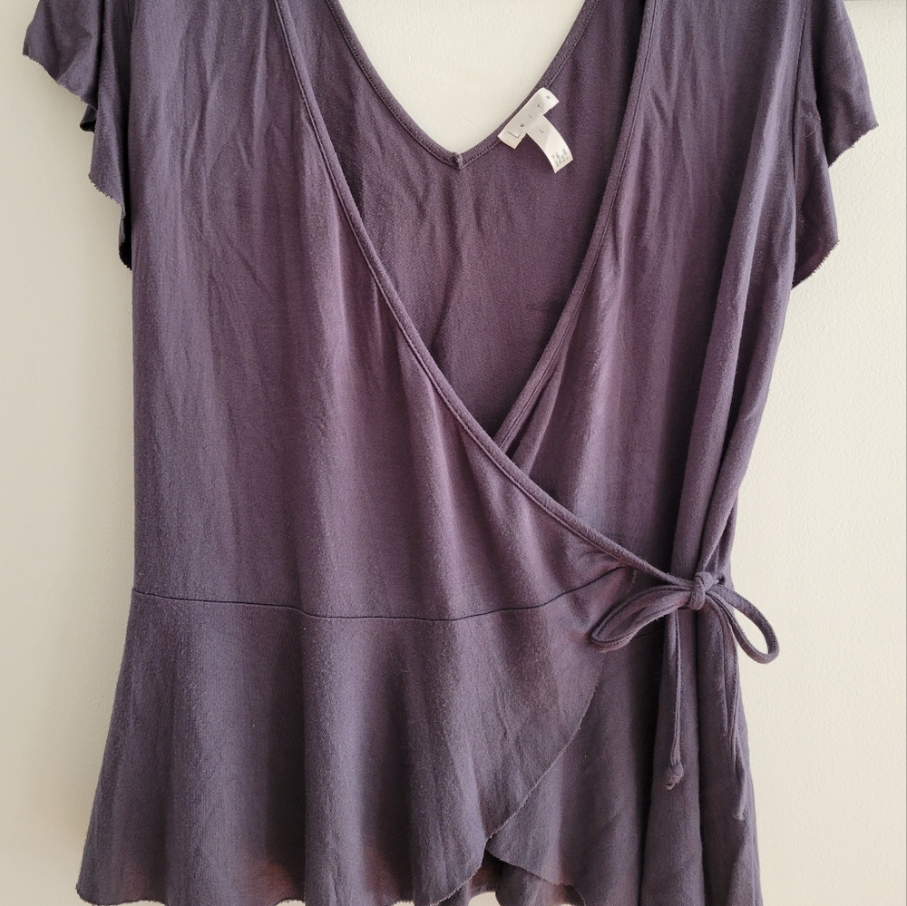 Grey, V neck flutter sleeve wrap cotton shirt